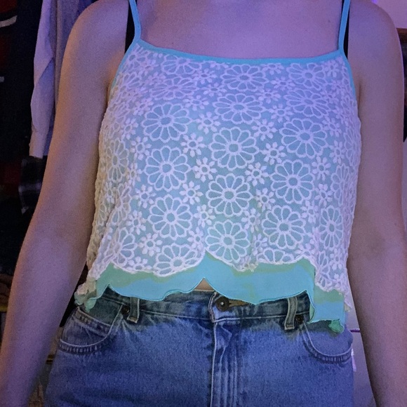 DOUBLE ZERO LAYERED AQUA WHITE LACE TANK TOP - Picture 4 of 16